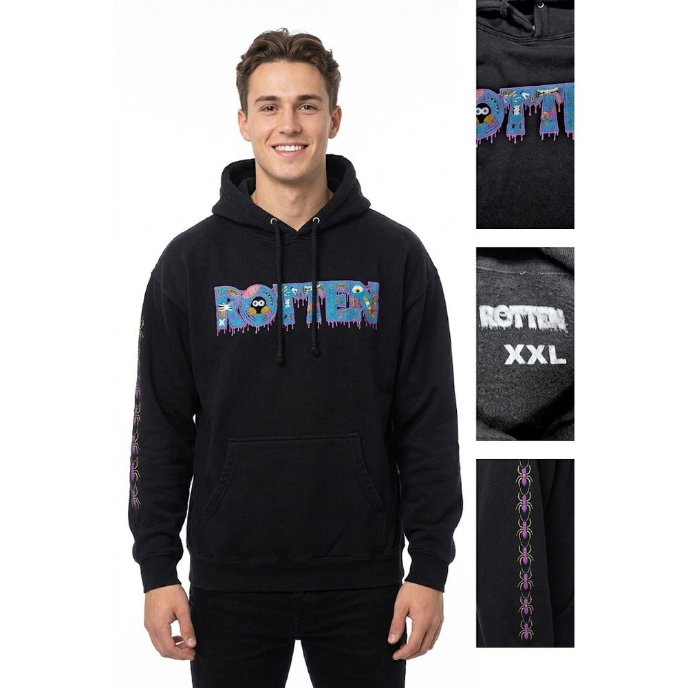 Rotten Mens XXL Hoodie Embroidered Drip Letters Spider Sleeve Black Streetwear